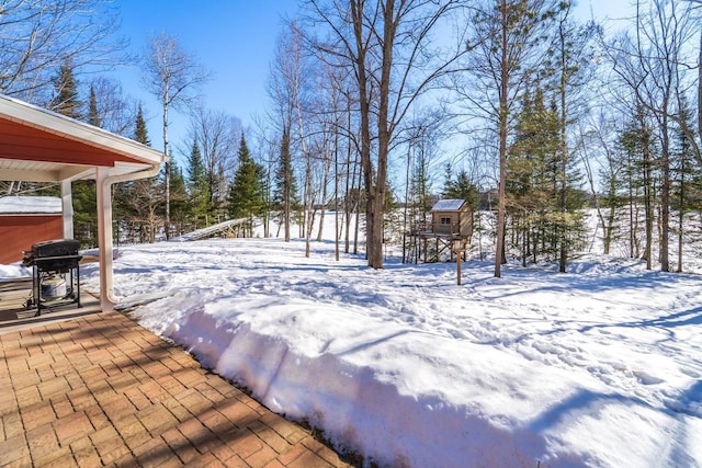 view of yard layered in snow