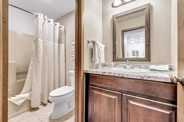 full bath with vanity, shower / tub combo, tile patterned flooring, and toilet