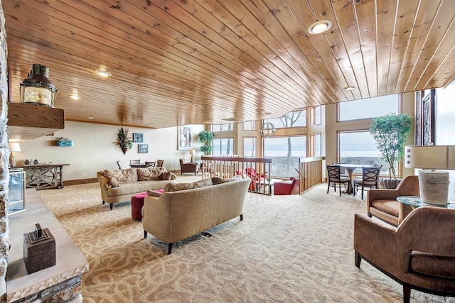 interior space featuring light carpet, wooden ceiling, and recessed lighting