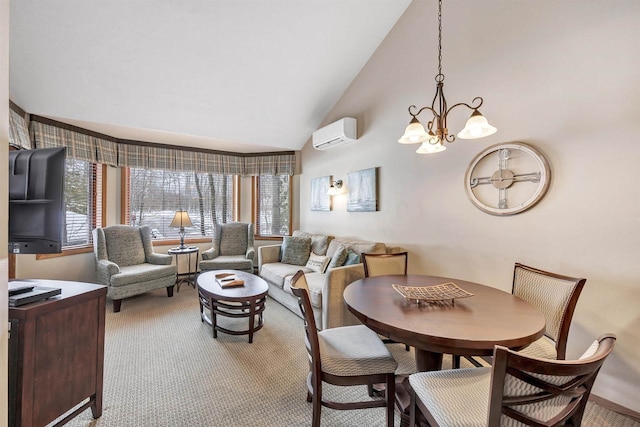 dining room featuring light carpet, high vaulted ceiling, a wall mounted air conditioner, and a notable chandelier