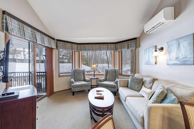 living room featuring lofted ceiling, baseboards, an AC wall unit, and carpet flooring