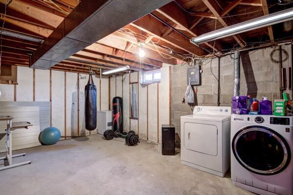 below grade area featuring electric panel and independent washer and dryer