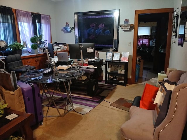 interior space featuring light colored carpet