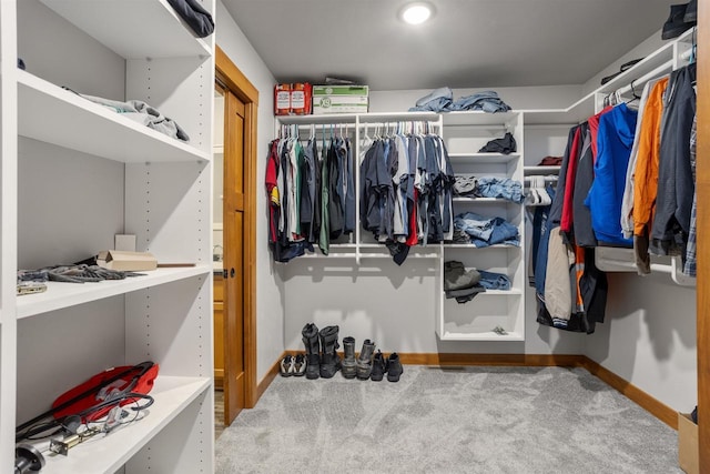 walk in closet featuring light colored carpet