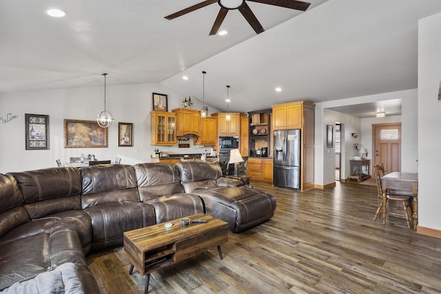 living room featuring recessed lighting, dark wood-type flooring, vaulted ceiling, baseboards, and ceiling fan with notable chandelier