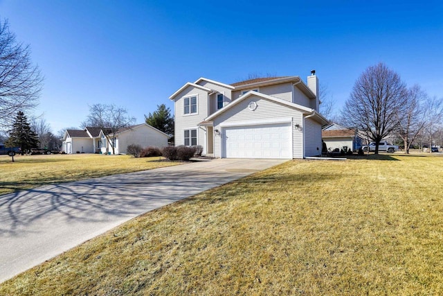 traditional-style house featuring a front yard, an attached garage, driveway, and a chimney