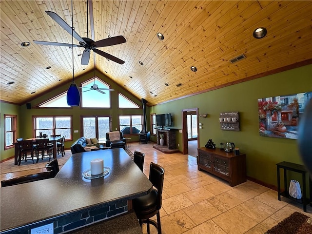 dining room featuring visible vents, high vaulted ceiling, wood ceiling, and baseboards