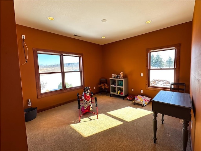 recreation room featuring carpet floors, recessed lighting, visible vents, and baseboards