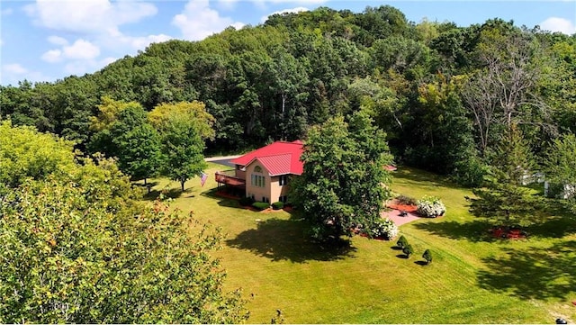 bird's eye view featuring a view of trees