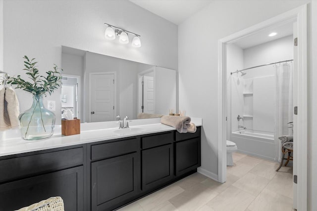 full bathroom featuring toilet, vanity, and shower / tub combo
