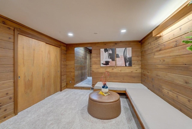 sitting room with wooden walls, carpet floors, and recessed lighting