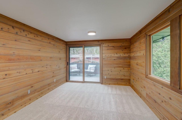 carpeted spare room featuring wooden walls