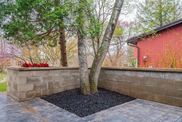view of yard featuring fence and a patio area