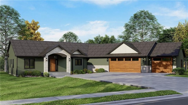 view of front of house featuring a garage, a shingled roof, driveway, stone siding, and a front yard