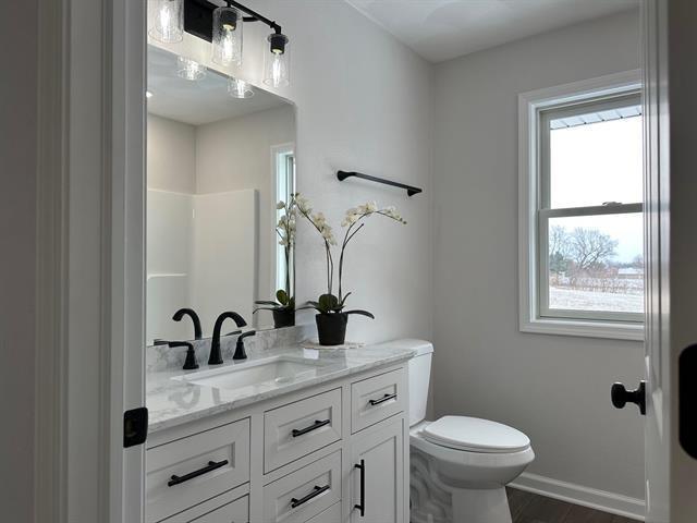 full bath featuring baseboards, plenty of natural light, vanity, and toilet