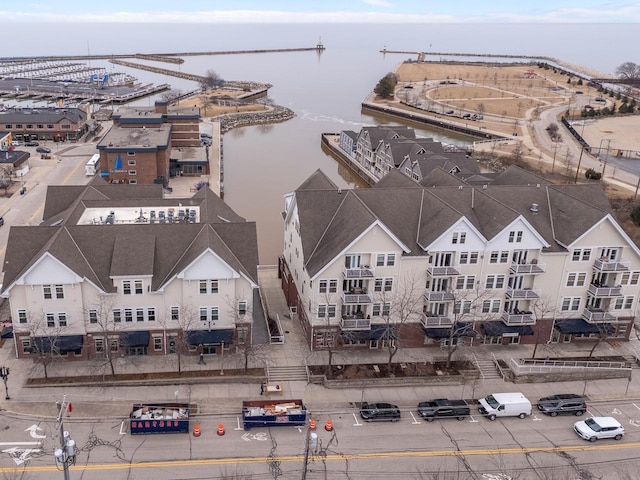 aerial view featuring a water view