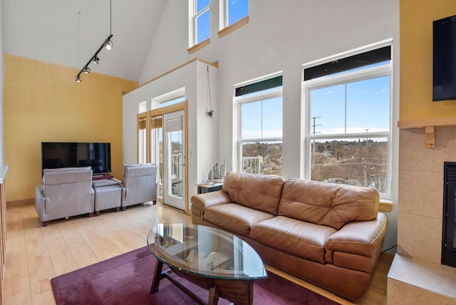 living area with rail lighting, light wood-style flooring, and a towering ceiling