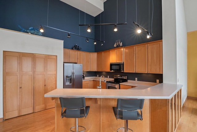 kitchen with a peninsula, light wood-style floors, appliances with stainless steel finishes, and light countertops