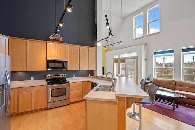 kitchen with light wood-style flooring, a peninsula, stainless steel appliances, light brown cabinetry, and a sink