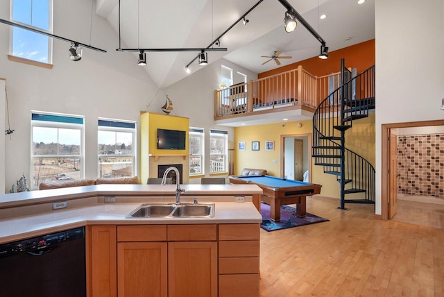 kitchen featuring dishwasher, light wood-type flooring, open floor plan, a healthy amount of sunlight, and a sink