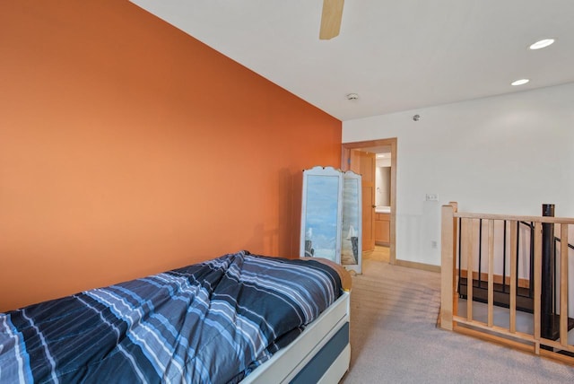 bedroom featuring carpet, ceiling fan, baseboards, and recessed lighting