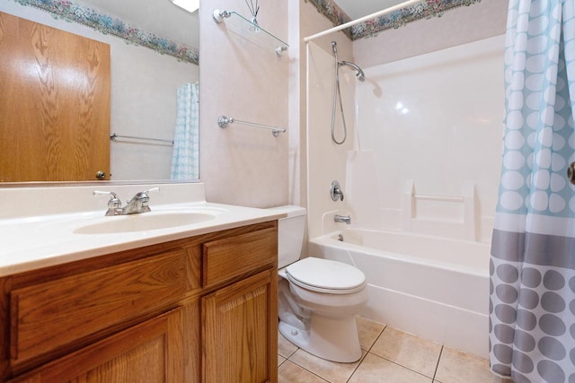 full bathroom featuring vanity, shower / tub combo, tile patterned flooring, and toilet