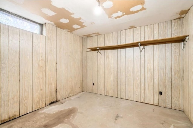 basement featuring wood walls