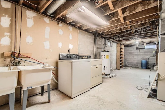 unfinished below grade area featuring water heater and washing machine and dryer