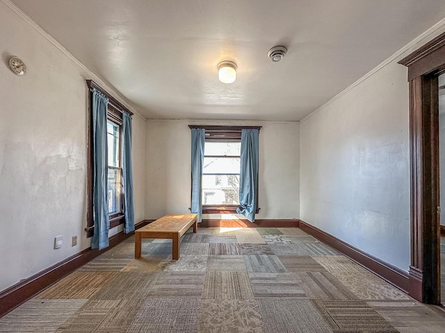 carpeted spare room with baseboards, ornamental molding, and a healthy amount of sunlight