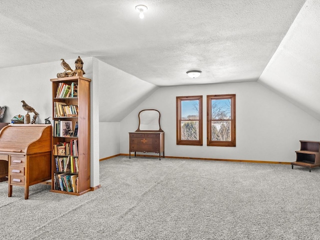 additional living space featuring carpet flooring, vaulted ceiling, a textured ceiling, and baseboards