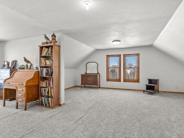 additional living space with vaulted ceiling, a textured ceiling, carpet flooring, and baseboards