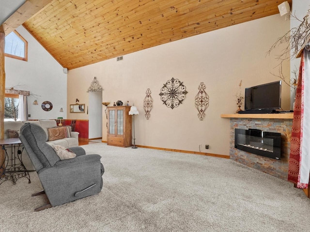 carpeted living room featuring high vaulted ceiling, a stone fireplace, visible vents, wood ceiling, and baseboards