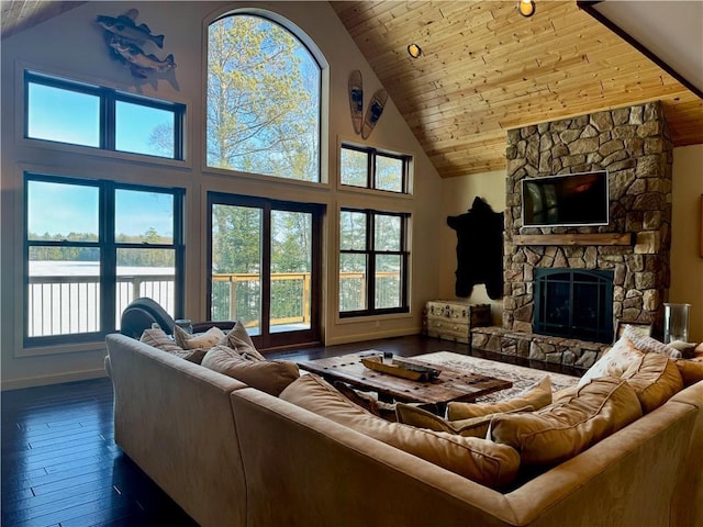 23310 Clam Lake Rd, Clam Lake, WI 54517 - living area with dark wood-style flooring, a fireplace, wood ceiling, and baseboards