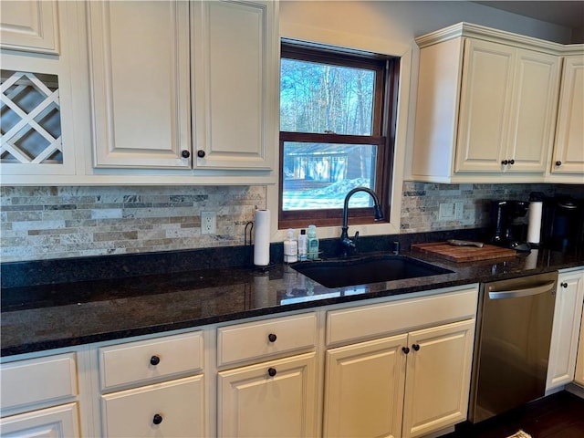 23310 Clam Lake Rd, Clam Lake, WI 54517 - kitchen with a sink, white cabinets, dishwasher, tasteful backsplash, and dark stone countertops