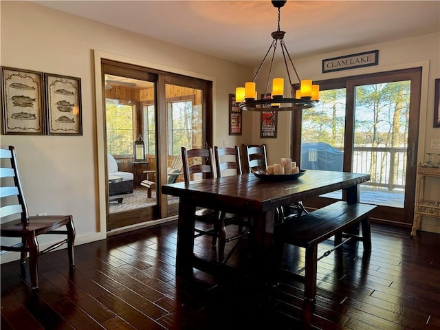 23310 Clam Lake Rd, Clam Lake, WI 54517 - dining area featuring dark wood-type flooring, baseboards, and an inviting chandelier