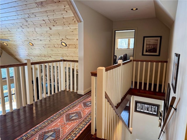 23310 Clam Lake Rd, Clam Lake, WI 54517 - hallway featuring lofted ceiling, dark wood-style flooring, an upstairs landing, and recessed lighting