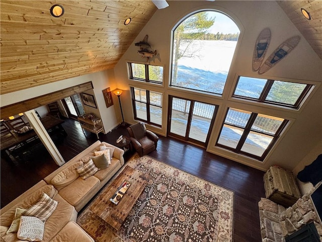 23310 Clam Lake Rd, Clam Lake, WI 54517 - living room with high vaulted ceiling, a wealth of natural light, and wooden ceiling