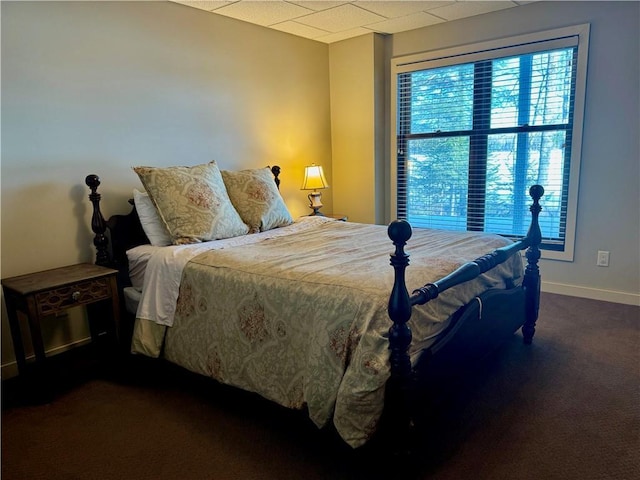 23310 Clam Lake Rd, Clam Lake, WI 54517 - bedroom with a drop ceiling, dark carpet, and baseboards