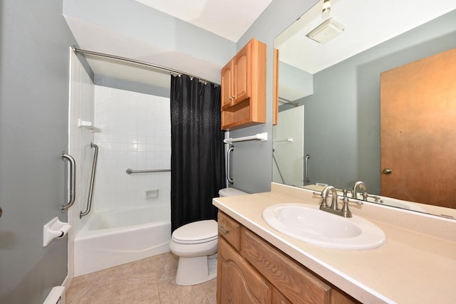 bathroom featuring baseboard heating, toilet, shower / bath combo, vanity, and tile patterned floors