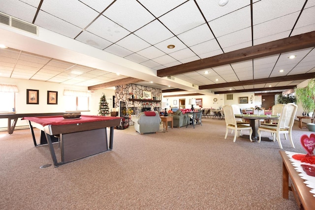 rec room with carpet floors, a paneled ceiling, recessed lighting, visible vents, and billiards