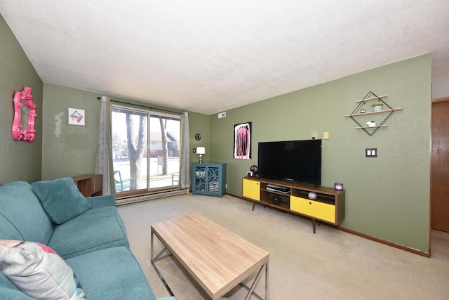 living room featuring baseboards, a textured ceiling, and light colored carpet