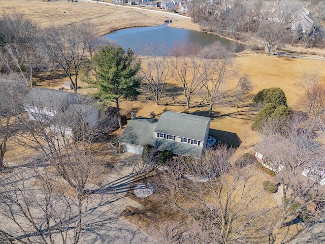 drone / aerial view featuring a water view