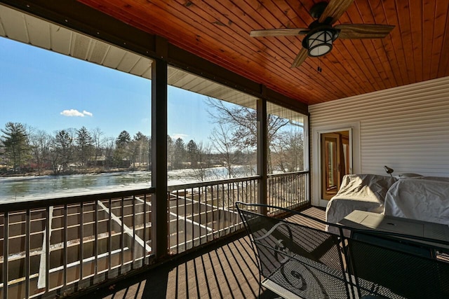 deck featuring a water view and a ceiling fan