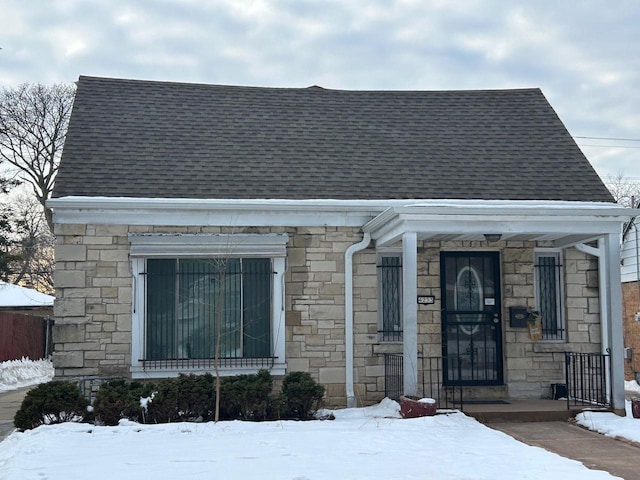 view of front of home featuring a shingled roof and stone siding