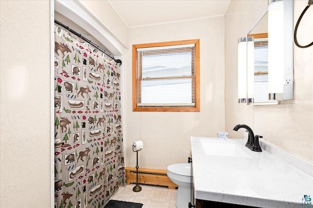 43240 County Highway D, Cable, WI 54821 - full bathroom featuring baseboard heating, toilet, vanity, and a shower with curtain