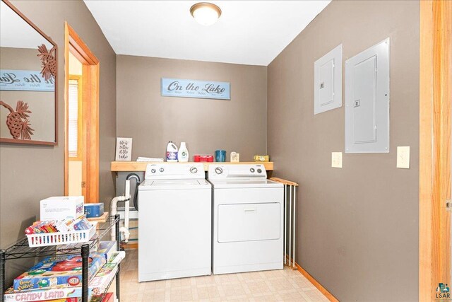 43240 County Highway D, Cable, WI 54821 - laundry area featuring electric panel, washer and clothes dryer, light floors, and baseboards
