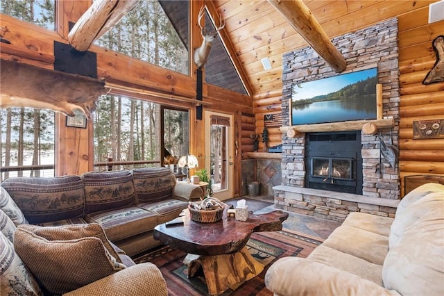 living room with rustic walls, wood ceiling, a fireplace, and beam ceiling