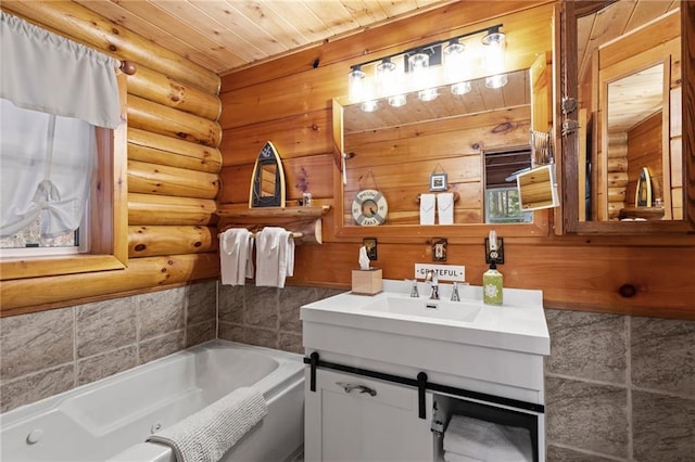 full bathroom featuring log walls, a jetted tub, wooden ceiling, and vanity