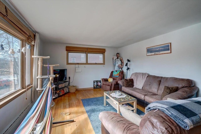 living area featuring baseboards and wood finished floors