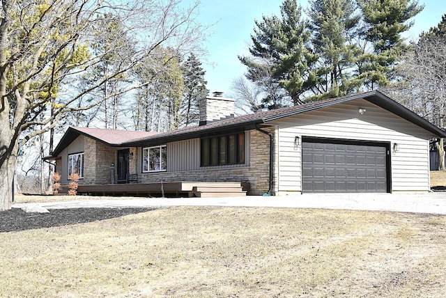 ranch-style house featuring stone siding, a chimney, a garage, and dirt driveway